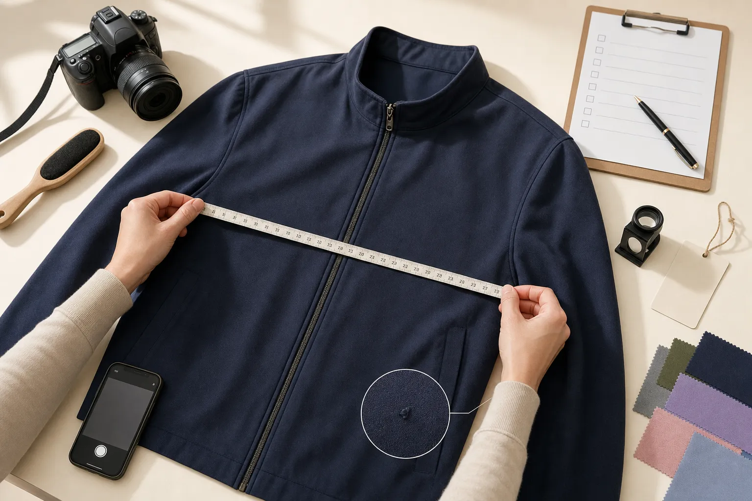 An original resale listing workflow showing garment measurements, condition notes and photography